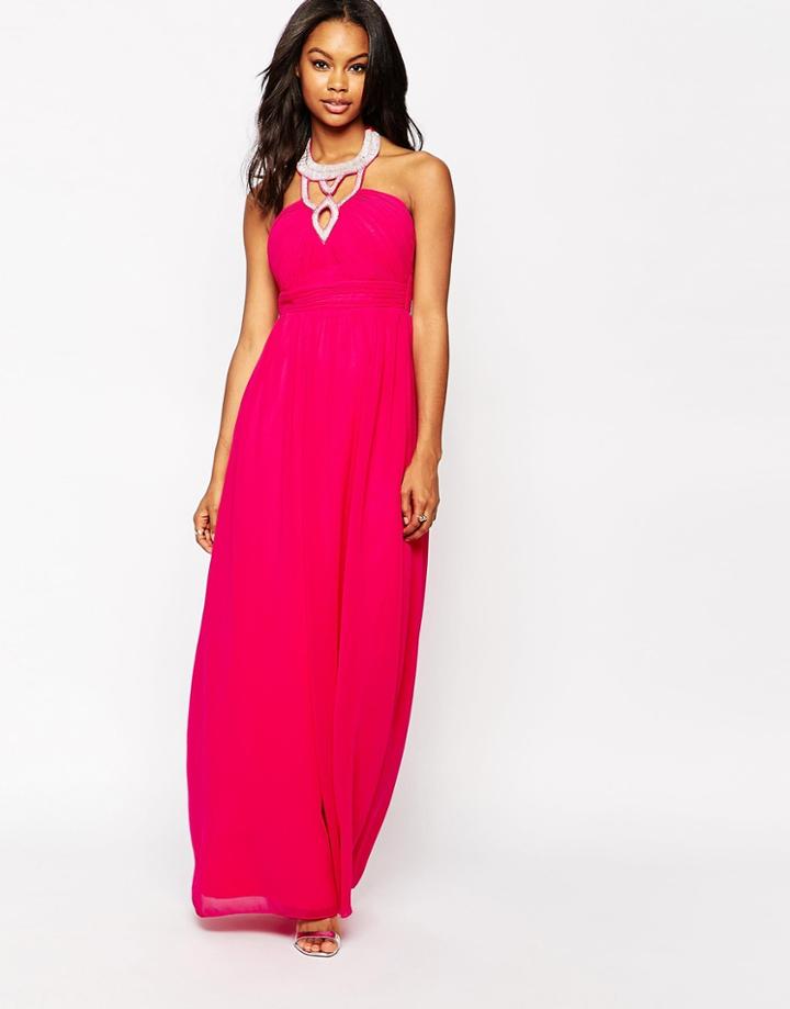 Little Mistress Maxi Dress With Embellished Yoke - Pink