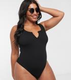 Asos Design Curve Crinkle Notch Front Swimsuit In Black