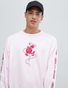 Asos Design Organic Cotton Oversized Long Sleeve T-shirt With Rose And Text Sleeve Print-pink