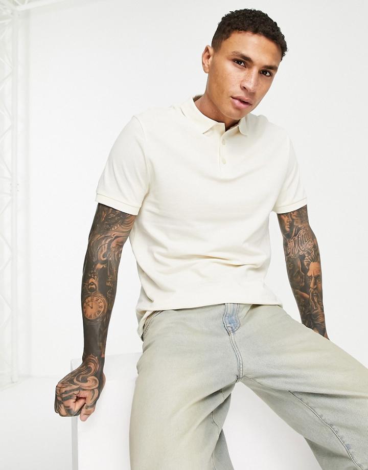 Asos Design Pique Polo In Light Cream-white