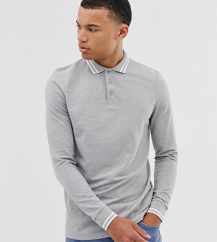 Asos Design Tall Long Sleeve Tipped Pique Polo Shirt In Gray Marl
