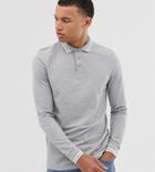 Asos Design Tall Long Sleeve Tipped Pique Polo Shirt In Gray Marl