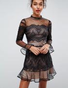 Asos Lace Dobby Patchwork Long Sleeve Mini Dress - Black