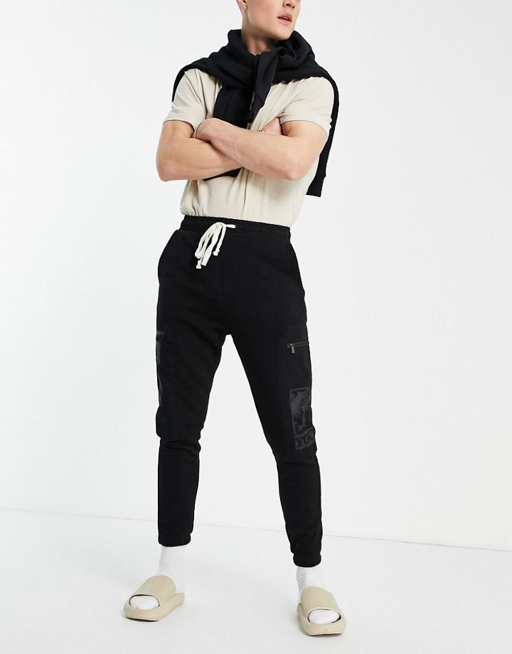 Bershka Cargo Sweatpants With Printed Pockets In Black