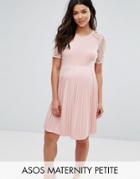 Asos Maternity Petite Pleat And Lace Mini Dress - Pink