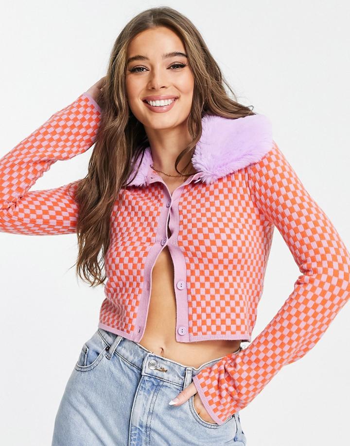 Asos Design Cardigan In Check With Faux Fur Trim Collar-pink