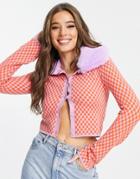 Asos Design Cardigan In Check With Faux Fur Trim Collar-pink