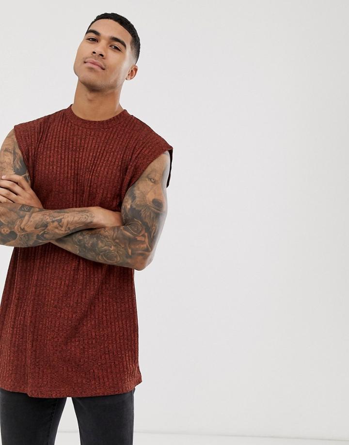 Asos Design Oversized Longline Sleeveless T-shirt In Interest Rib In Brown