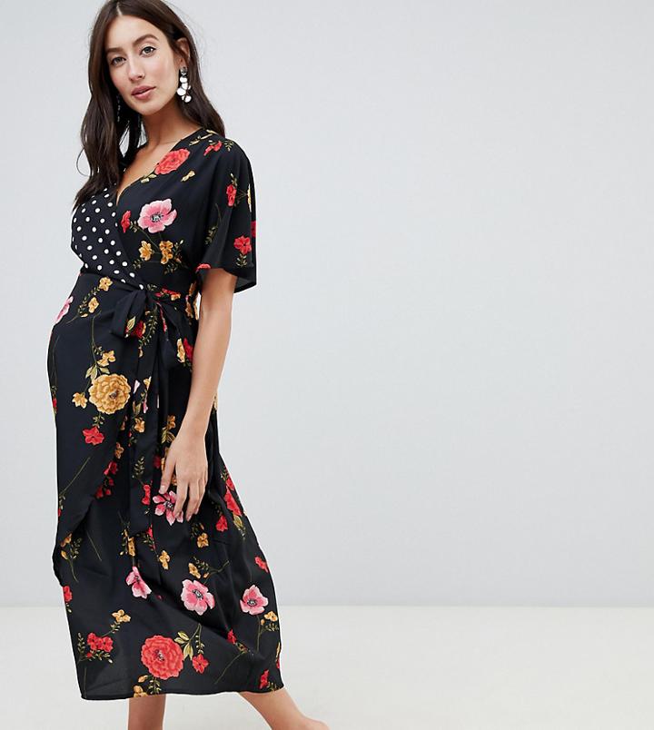 Influence Maternity Kimono Sleeve Wrap Dress In Mix And Match Print - Black