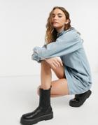 Asos Design Denim Pie Crust Dress In Midwash-blues