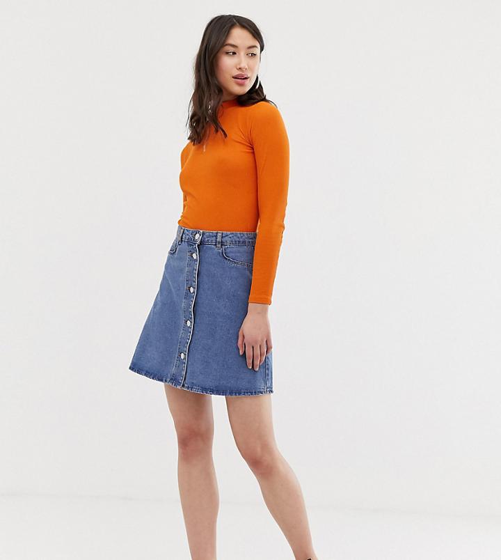 Noisy May Tall Button Front Denim Skirt-blue