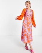 Asos Design Frill Open Back Satin Midi Dress In Mixed Red And Lilac Print-multi