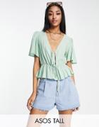 Asos Design Tall Angel Sleeve Tea Blouse With Peplum Hem And Tie Front In Washed Mint-green