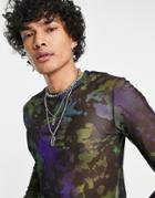 Asos Design Muscle Long Sleeve T-shirt In Black And Green Printed Recycled Mesh