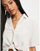Topshop Tie Front Linen Crop Shirt In Ecru-white