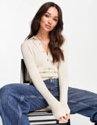 Selected Femme Knitted Button Through Polo Cardigan In Sand-white
