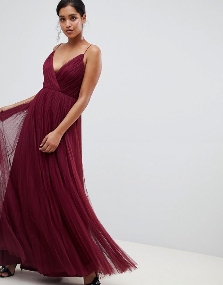 Asos Design Cami Pleated Tulle Maxi Dress-red