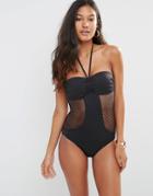 Seafolly Bandeau Swimsuit With Mesh Effect - Black