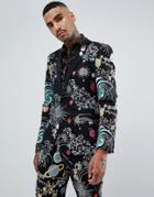 Asos Design Skinny Tuxedo Suit Jacket In Space Embroidery With Removable Sequin Parrot - Black