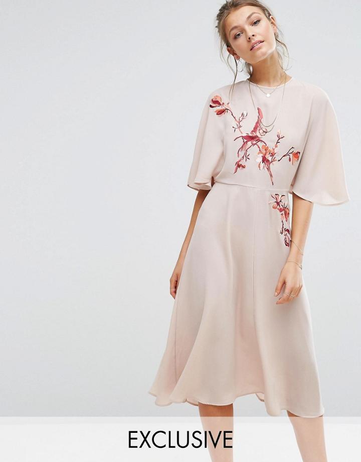 Hope & Ivy Embroidered Midi Dress With Angel Sleeve - Orange