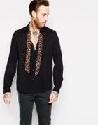 Asos Viscose Shirt With Printed Neck Scarf In Regular Fit - Black