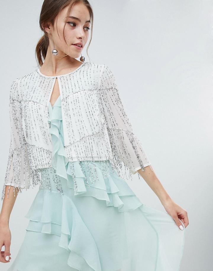 Miss Selfridge Premium Cape Jacket With Beaded Fringe Detail In White - White
