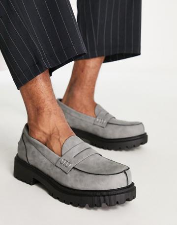 London Rebel X Cleated Sole Chunky Penny Loafers In Gray
