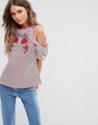 New Look Embroidered Ruffle Stripe Shell Top - Red