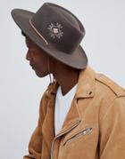 Asos Design Pork Pie Hat With Wide Brim With Embroidery And Strap Detail - Brown