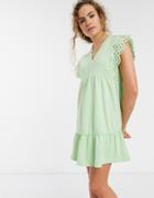 Lost Ink Mini Smock Dress With Broderie Trim-green