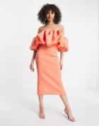 Asos Design Bubble Midi Dress In Coral-multi