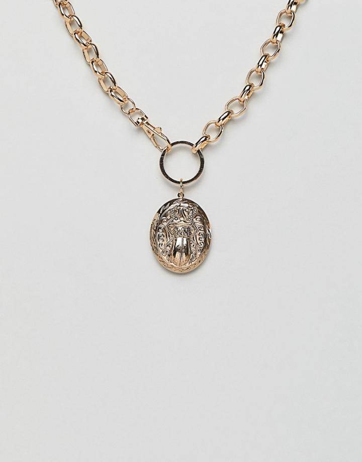 Asos Design Statement Necklace With Vintage Style Locket And Bug Design In Gold - Gold