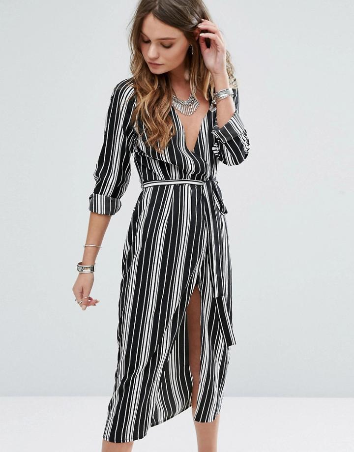 Influence Striped Wrap Front Midi Dress - Black