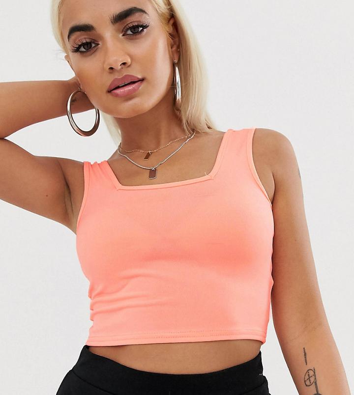 Asos Design Petite Crop Square Neck Cami In Neon Coral-pink
