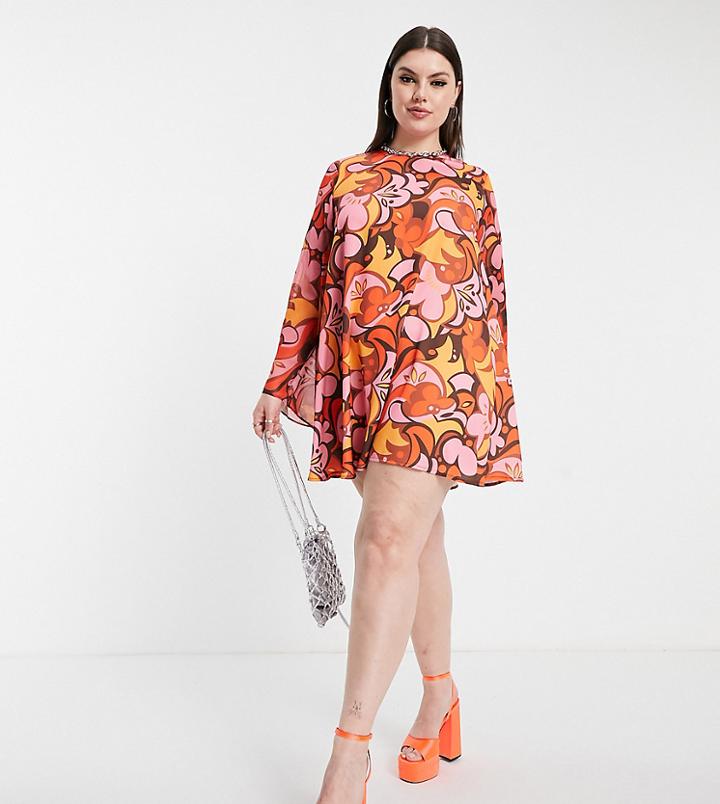 Twisted Wunder Plus Retro Bell Sleeve Mini Swing Dress In Boho Print-pink