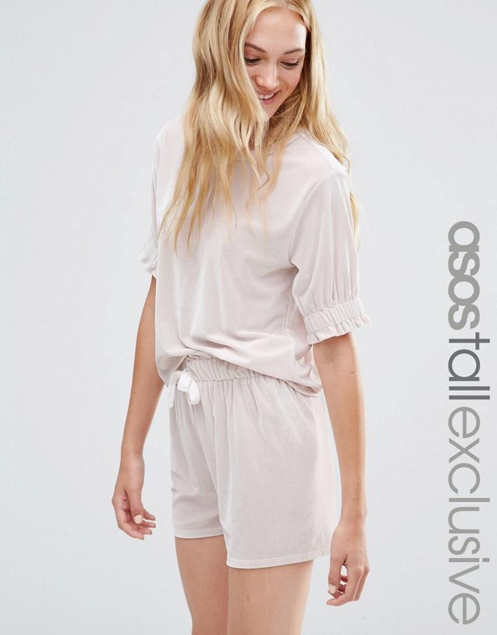 Asos Tall Exclusive Lounge Velvet Top With Ruched Sleeve - Cream