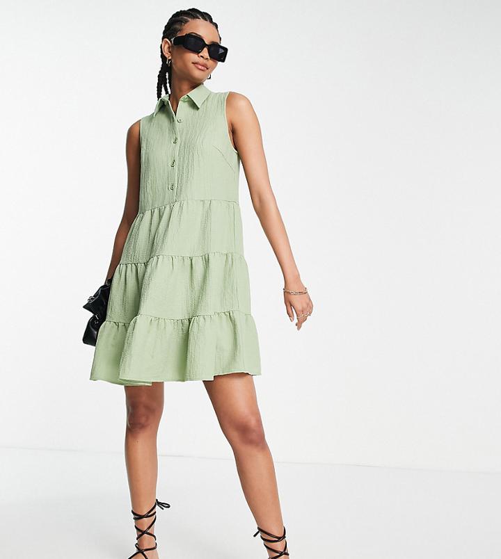Lola May Tall Tiered Button Front Smock Dress In Sage Green
