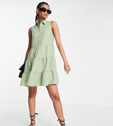 Lola May Tall Tiered Button Front Smock Dress In Sage Green