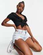Night Addict Ruffled Body Strap Cropped T-shirt In Black