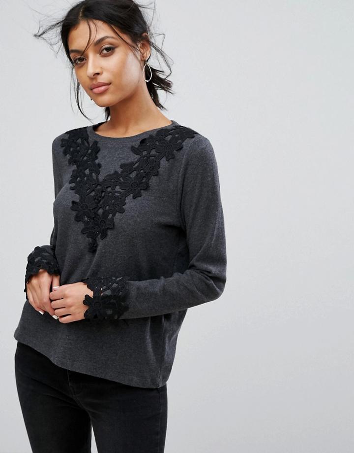 Vila Lace Trim Sweatshirt - Gray