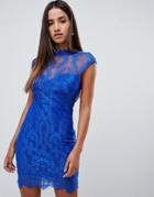 Love Triangle Lace High Neck Open Back Bodycon Dress In Cobalt Blue - Blue