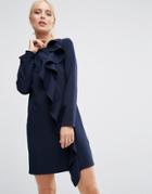 Asos Long Sleeve Shift Dress With Ruffle Front - Blue
