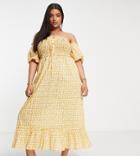 River Island Plus Shirred Bardot Midi Beach Dress In Yellow-orange