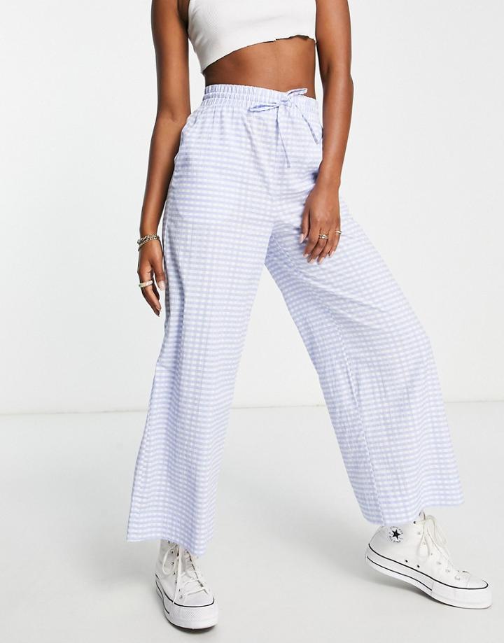 Monki Seersucker Relaxed Wide Leg Pants In Blue Gingham - Part Of A Set