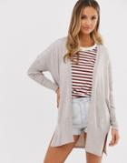 Asos Design Long Line Fine Knit Cardi In Recycled Blend-stone
