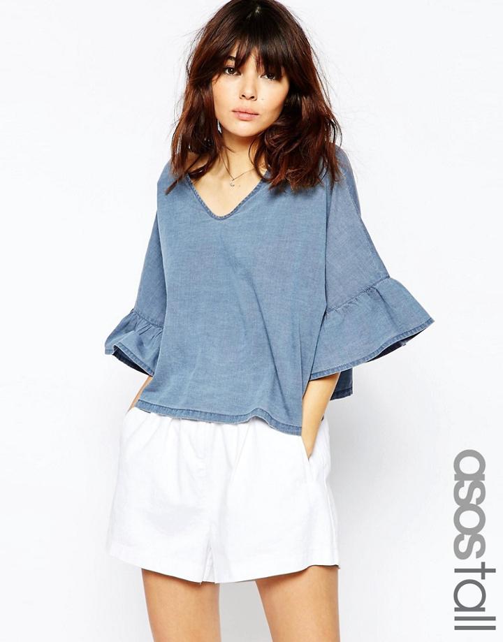 Asos Tall Denim Frill Sleeve Angel Top - Blue