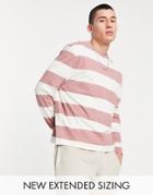 Asos Design Relaxed Stripe Long Sleeve T-shirt In Pink & White-multi