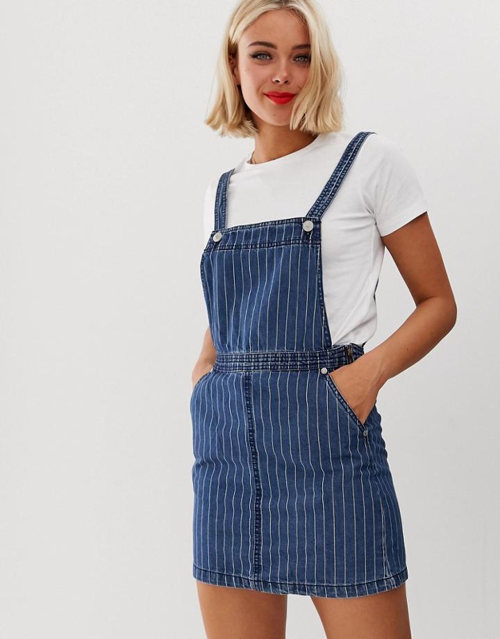 Brave Soul Maya Overall Dress In Pinstripe Denim - Blue