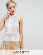 Asos Petite Top In Lace With Button Font And Peplum Hem - Cream