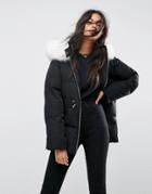 Asos Puffer Jacket With Tie Waist And Faux Fur Hood - Black